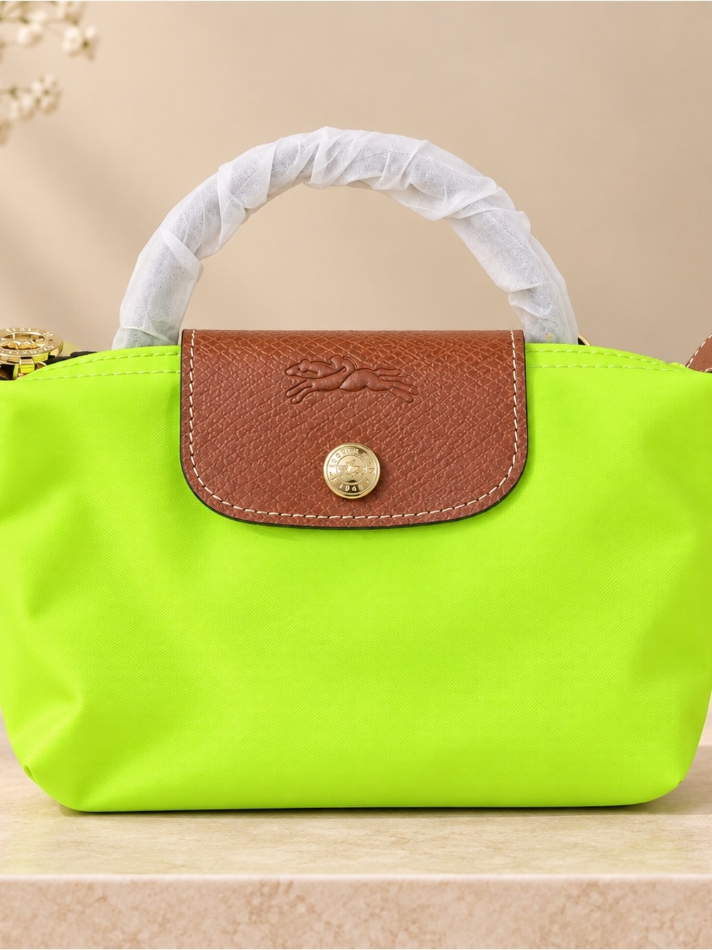Longchamp Neon Yellow Small Tote with Brown Trim